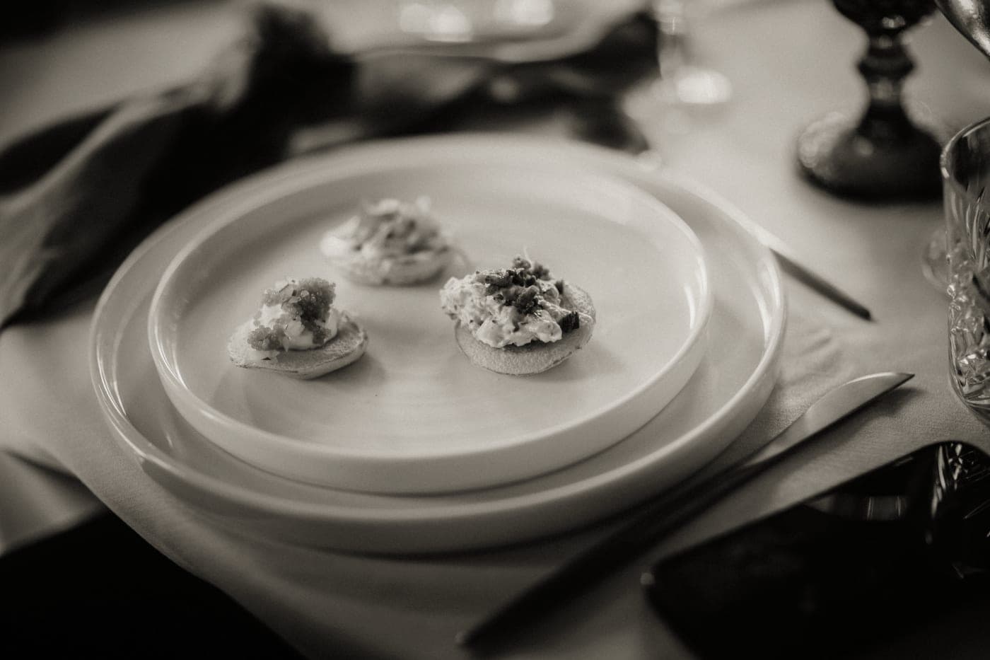Appetizers and canapes on plates at a party