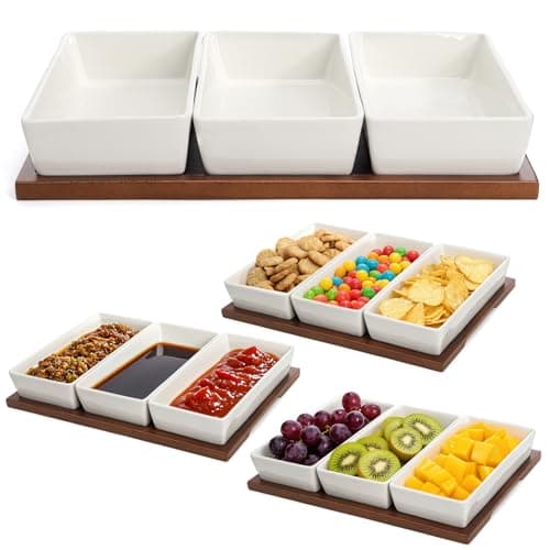 Elsjoy 3-Section Wood Serving Tray with Ceramic Bowls