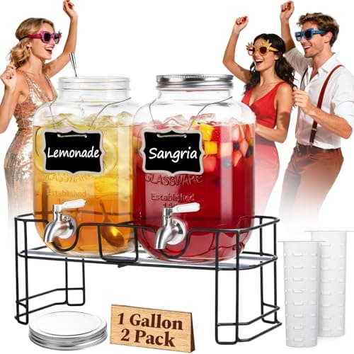 KIKCOIN 1-Gallon Glass Drink Dispenser with Stand, 2-Pack